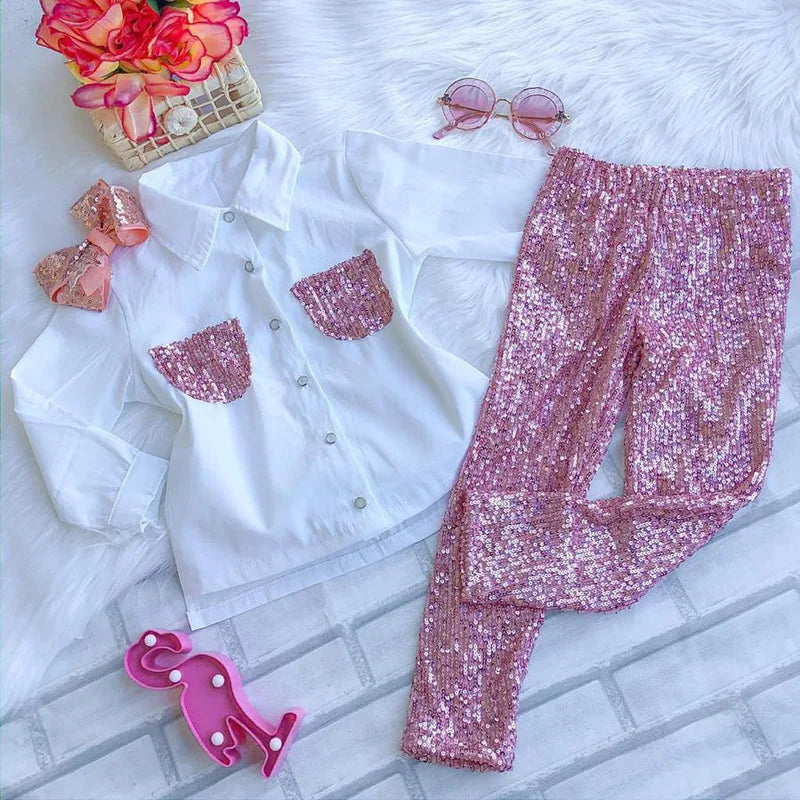 2023 Kids Girl Autumn Clothes Outfits Long Sleeve White Blouse Shirt+Pink Sequins Pants Clothing Sets Children Girl Tracksuit 8y