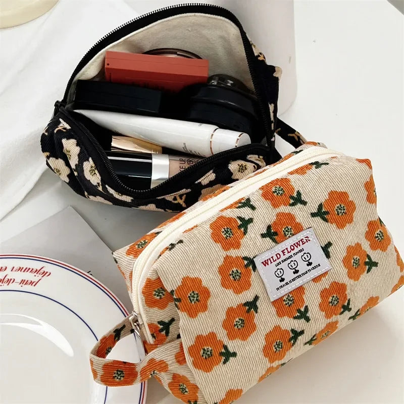 Women's Cosmetic Bag Corduroy Flower Lipsticks Makeup Bag Korean Student Pencil Case Travel Makeup Brushes Bag Neceser Organizer