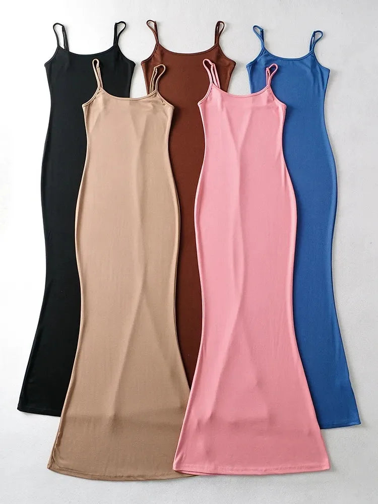 2022 Sexy Square Collar Sheath Sleeveless Fishtail Maxi Long Sling Dress Backless Package Hips Women Mermaid Dresses Robe - GSINAS.com