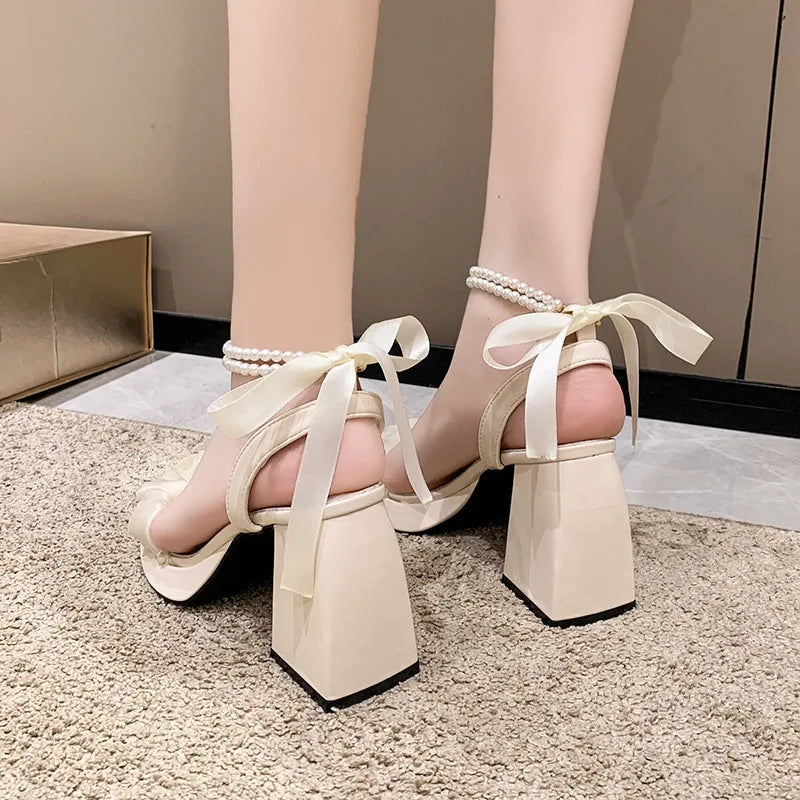 Fashion Comfort Shoes for Women: Pearl Sandals with Beige Increasing Height Block Heels - GSINAS.com