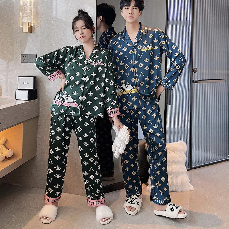 Couple's Home Wear Long Sleeve Thin Artificial Silk Cardigan Korean Style Cartoon Home Outer Wear Large Size Pajamas