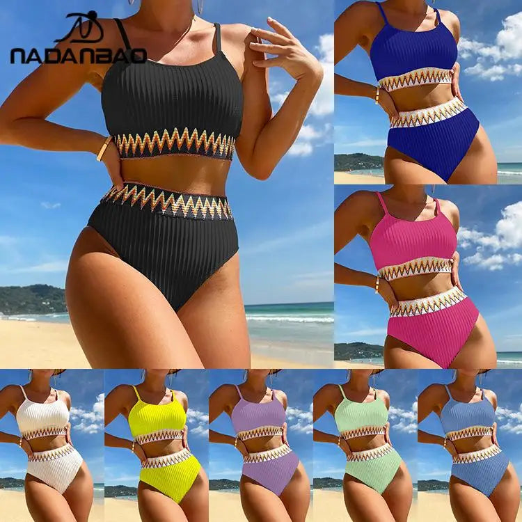 Nadanbao Sexy Solid Two Piece Bikini Set Set Woman High Waist Fashion Backless Swimwear Female Beach Party Swimming Suit - GSINAS.com