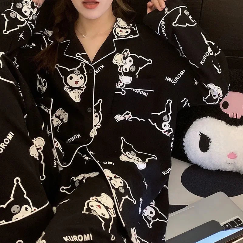 Sanrio Kuromi Cartoon Couple Pajamas Women Men Spring Autumn Cotton Long Sleeve Top Shirt Pants 2 Piece Set Y2k Sleepwear Suit