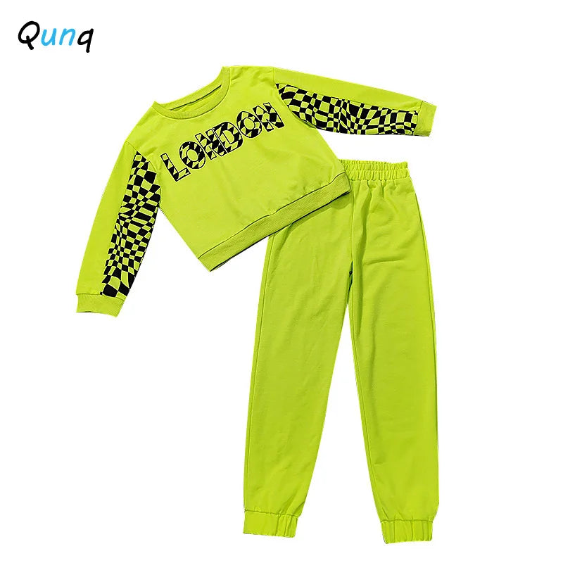 Qunq 2024 Spring Clothing New Girl's Leisure Sports Print Letter Round Neck Long sleeved Top and Pants kids Two piece Set - GSINAS.com