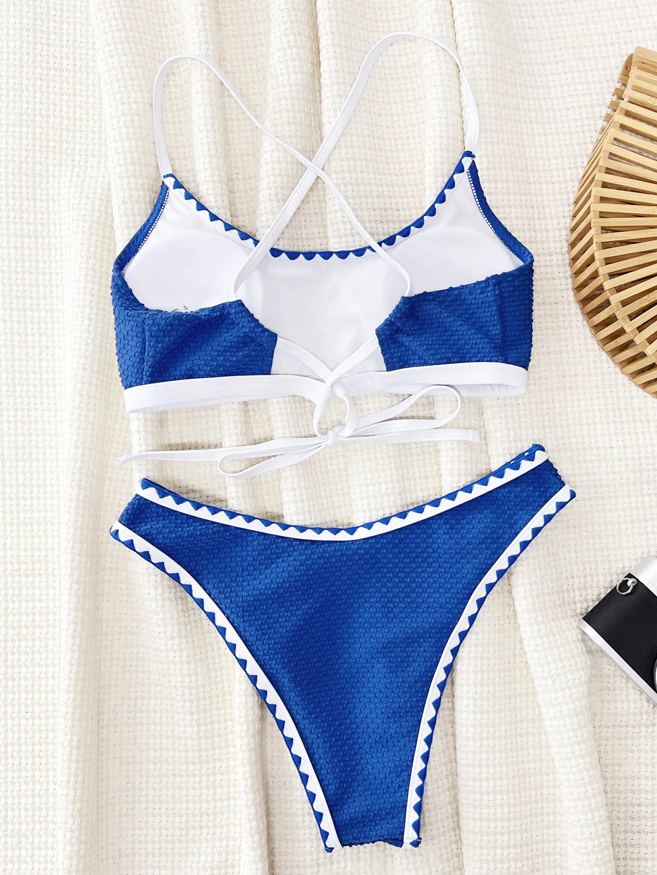 Blue White Block Color 2 Piece Swimsuit for Women,high Waist Bikini Set,sexy Suspender Backless Swimwear,2024 Summer Beachwear - GSINAS.com