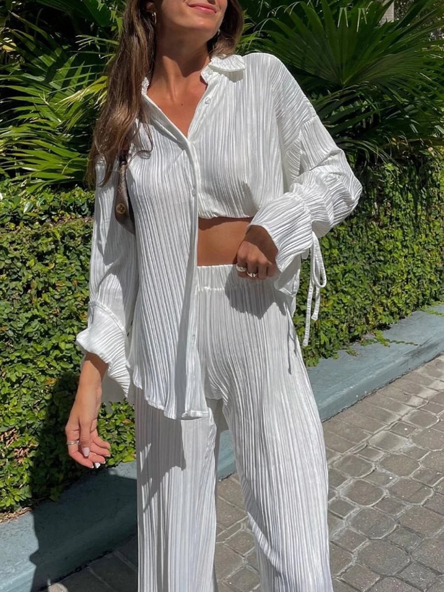 Two-piece Pleated Pants Suits Casual Chic