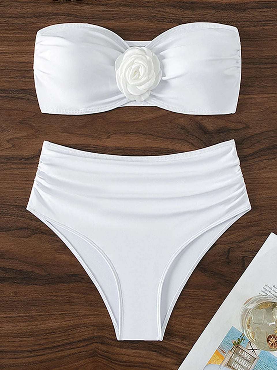 Bandeau Bikini Set - High Waist Solid Swimsuit with Elegant 3D Flower Decoration for Women's Summer Beachwear. - GSINAS.com