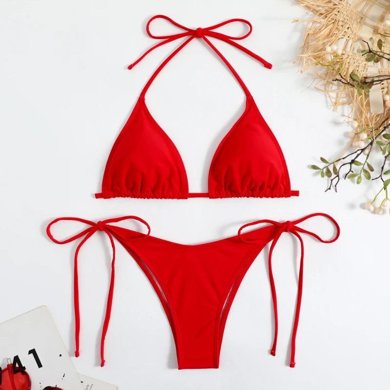 Sexy Women Thong Solid Color Bikini Set Side Halter Tie Swimsuit Ladies Split Strap Adjustable  Brazilian Swimwear Beachwear - GSINAS.com