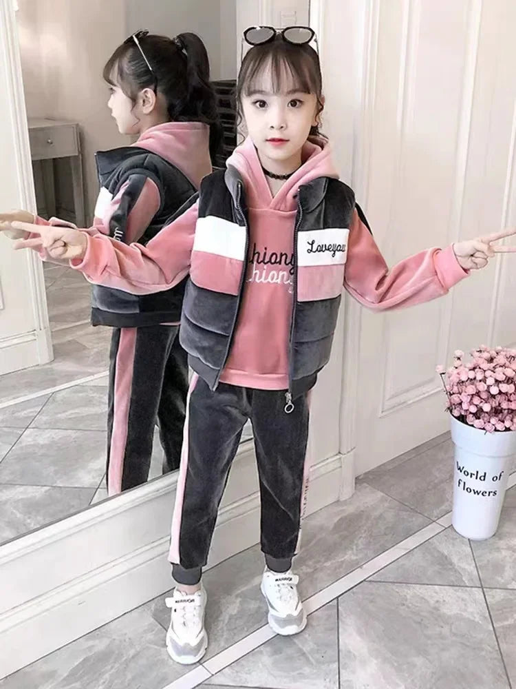 2024 winter girls tracksuit Autumn Toddler Teenager Clothes velvet jacket vest + hooded + strip Pant Children Kids 10 11 12 year - GSINAS.com