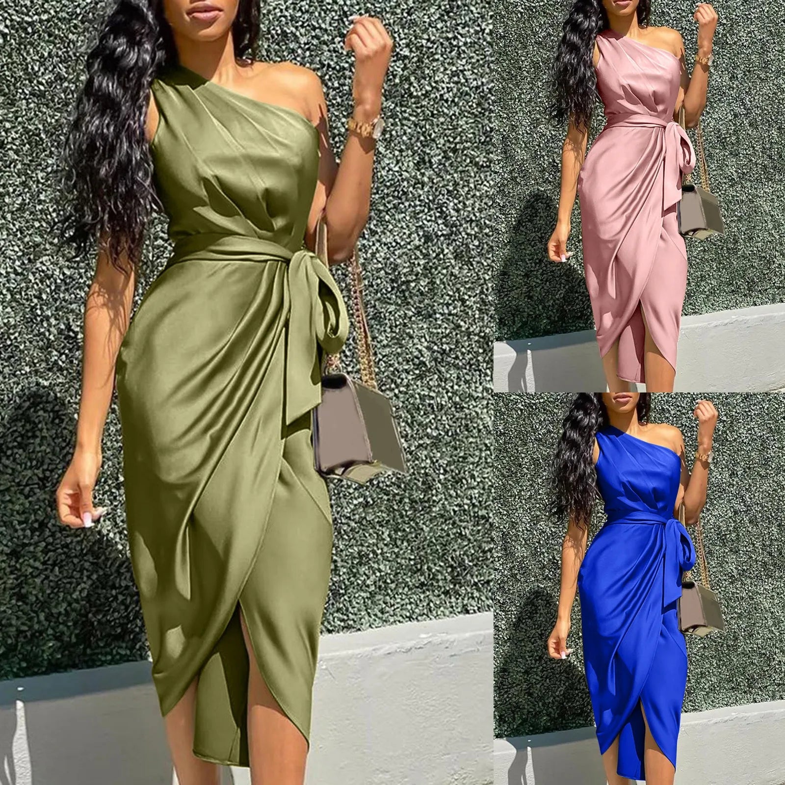 Summer Dresses Women Green Sexy One Shoulder Satin Asymmetrical Ruched Midi Evening Party Prom Dress Gown Bandage Plus Size Robe - GSINAS.com