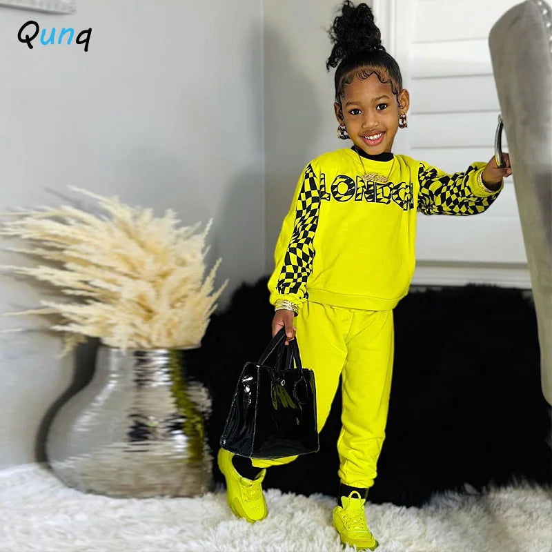 Qunq 2024 Spring Clothing New Girl's Leisure Sports Print Letter Round Neck Long sleeved Top and Pants kids Two piece Set - GSINAS.com