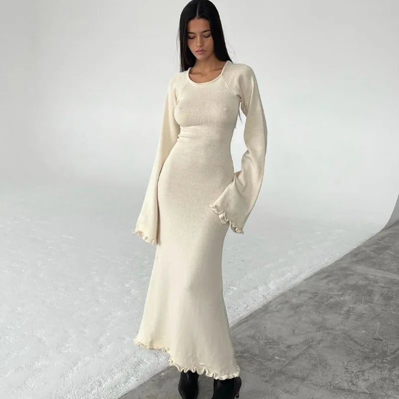 Knitted Open Back Flared Long Sleeve Maxi Dress Elegant - GSINAS.com