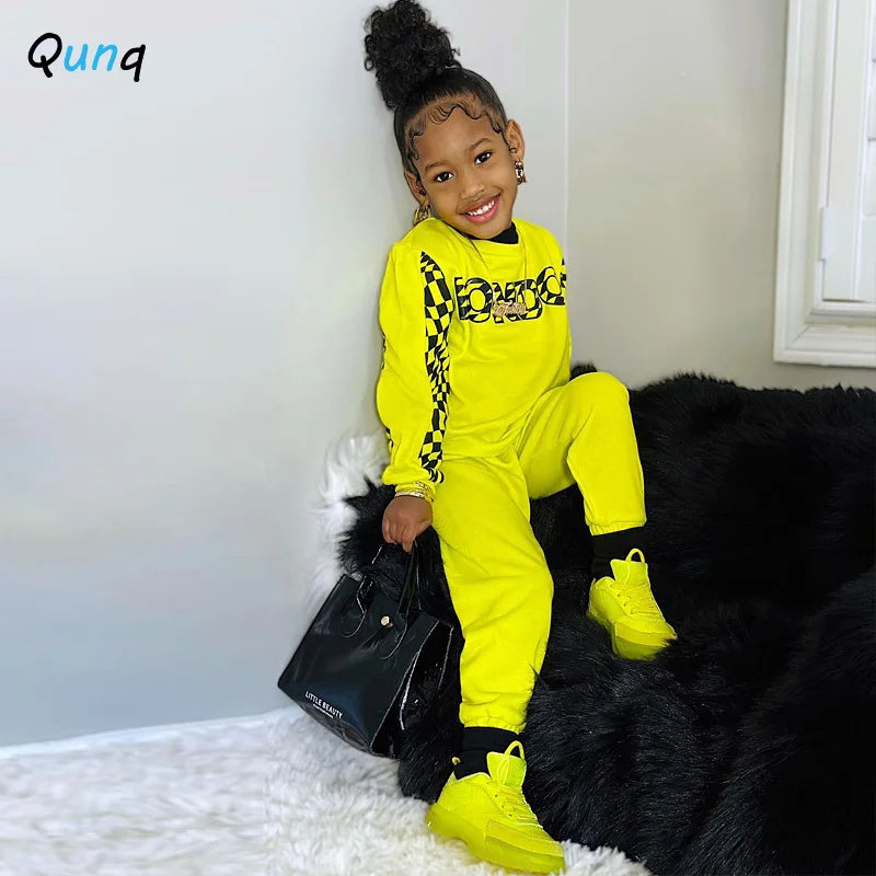 Qunq 2024 Spring Clothing New Girl's Leisure Sports Print Letter Round Neck Long sleeved Top and Pants kids Two piece Set - GSINAS.com