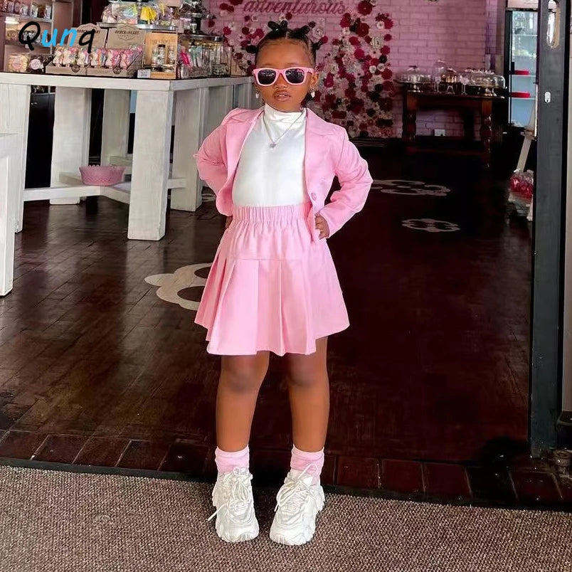 Qunq 2024 Spring New Girls Fashion Casual Solid Color Long sleeved Short Suit Cardigan Short Skirt Clothing kidsTwo piece Set - GSINAS.com