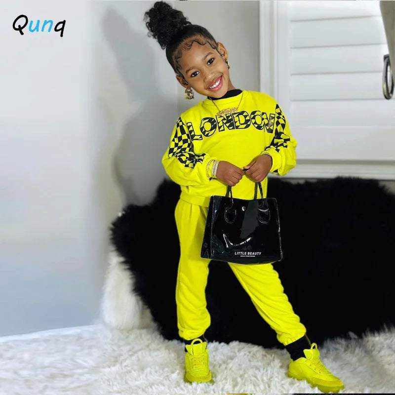 Qunq 2024 Spring Clothing New Girl's Leisure Sports Print Letter Round Neck Long sleeved Top and Pants kids Two piece Set - GSINAS.com