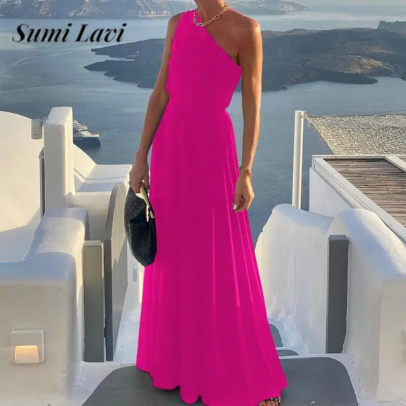 Sexy Diagonal Collar Pleat Solid Bohe Dress 2024 Women Elegant Hight Waist Loose Long Dress Casual Sleeveless Beach Party Dress - GSINAS.com