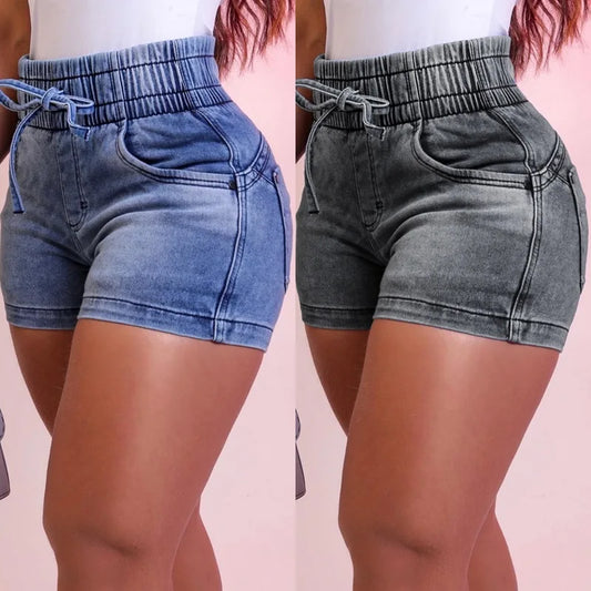 Women's Summer Denim Shorts - Elastic Waist & Bandage