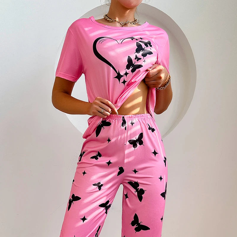 Pajamas Set For Women Short Sleeve Tops And Pants Sleepwear Summer Loungewear Comfortable Home Clothing Butterfly Print Homewear