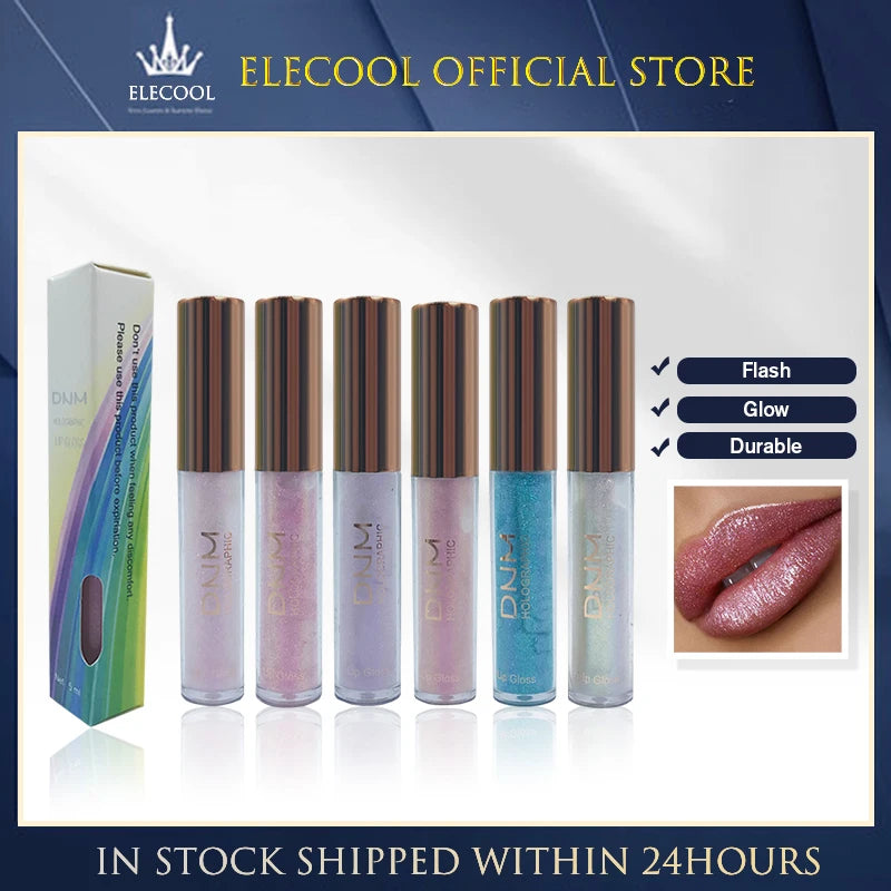 DNM6 6 Colors Glitter Liquid Lip Gloss Tint Laser Holographic Lipsticks Shiny Pigment Waterproof Moisturizing Lip Glaze Cosmetic