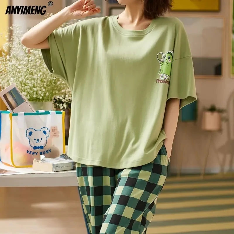Sleepwear Cartoon Cotton Pajamas for Women Long Pants Fashion Home Clothing Homewear