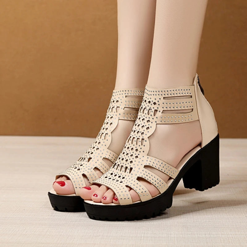 Summer Women's High Heel Hollow Roman Sandals: Casual Open Toe Fish Mouth Shoes with Striped Slim High-top Design