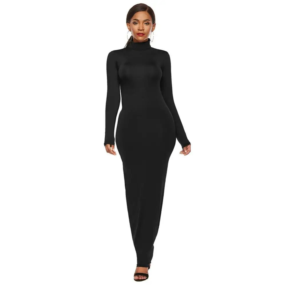 Women Long Dresses Plus Size Party Solid Color Turtleneck Bodycon - GSINAS.com