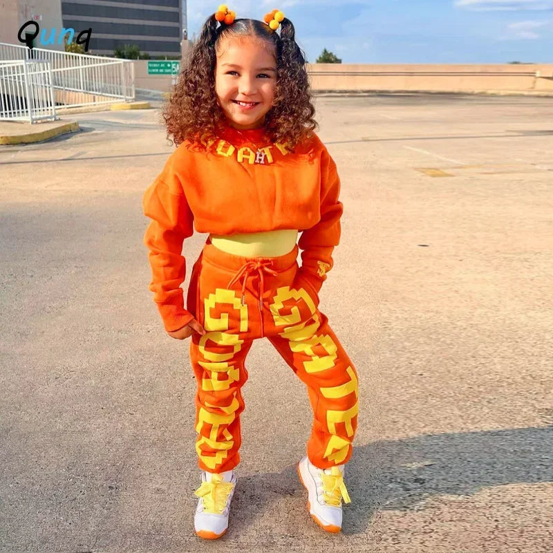 Qunq 2023 Autumn Winter New Girls Boys Long Sleeve Print Pullover Top + Pants 2 Pieces Set Sporty Casual Kids Clothes Age 3T-8T - GSINAS.com