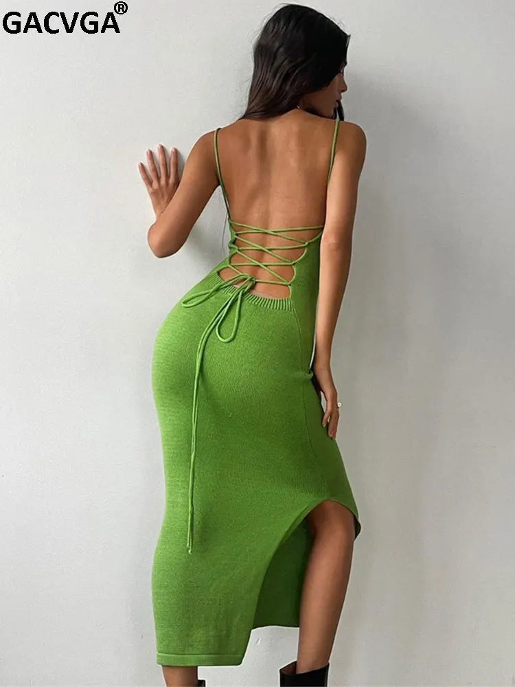 GACVGA Sexy Backless Bandage Knitted Dress Elegant Outfits for Women Sleeveless Birthday Club Party Bodycon Long Dresses - GSINAS.com