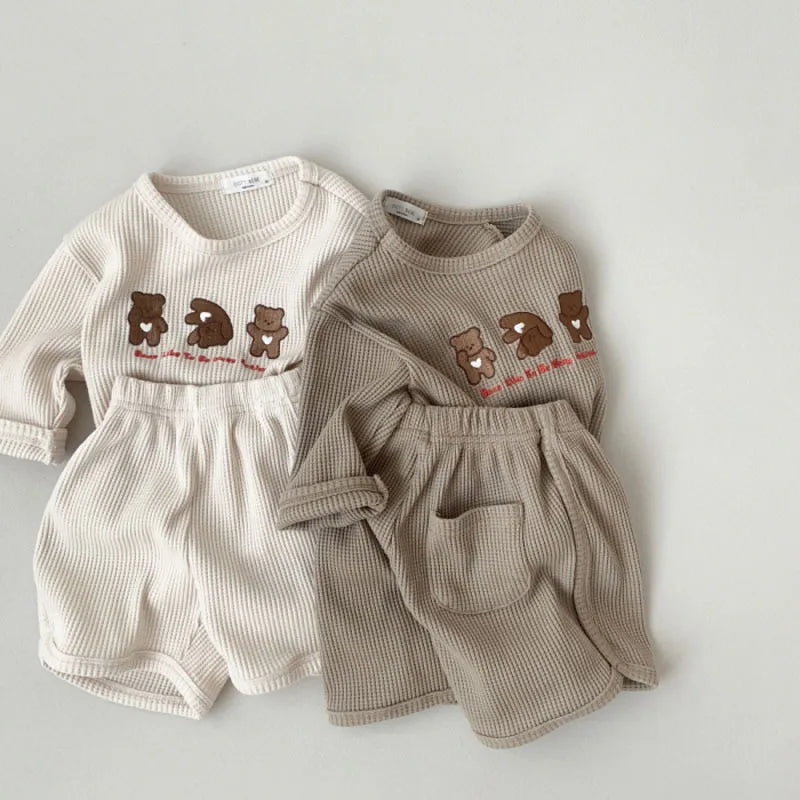 2024 Summer New Baby Bear Clothes Set Boy Girls Long Sleeve Waffle T Shirt + Shorts 2pcs Casual Outfits Cotton Children Suit - GSINAS.com