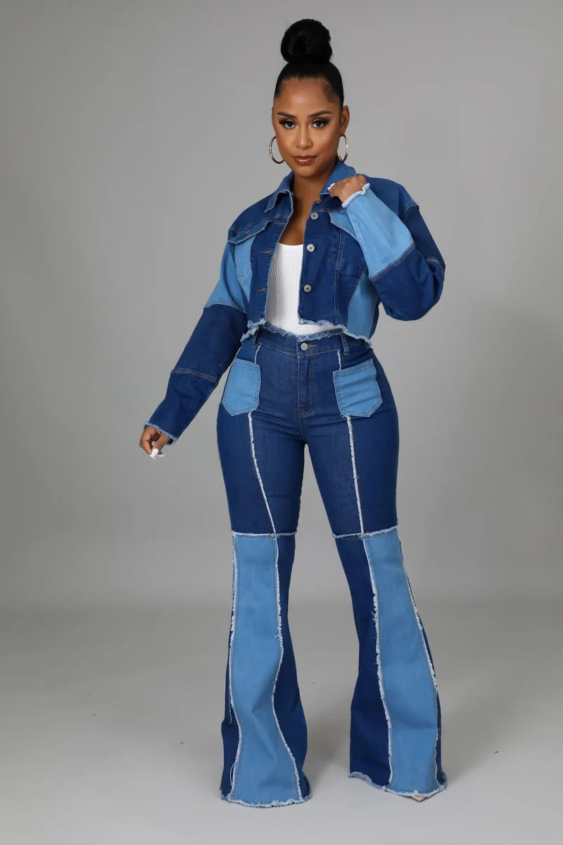 Denim Patchwork Vintage Short Jacket Two Piece Set