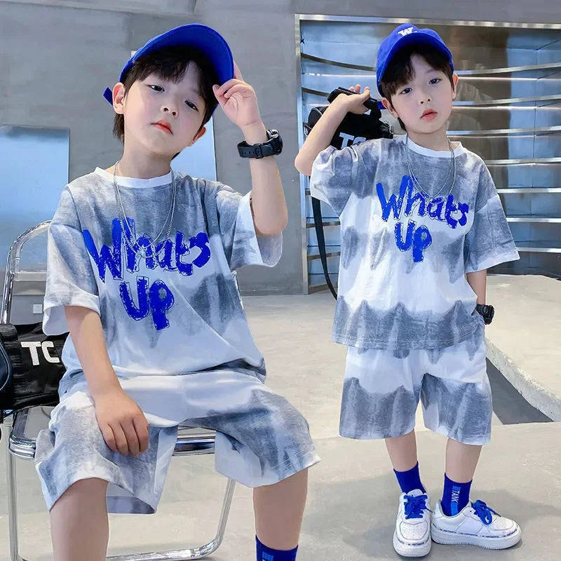 2024 New Boy Summer Quick dry Suit Children Streetwear what's up Short Sleeve TShirt + Shorts Two piece Sports Set Loose Outfits