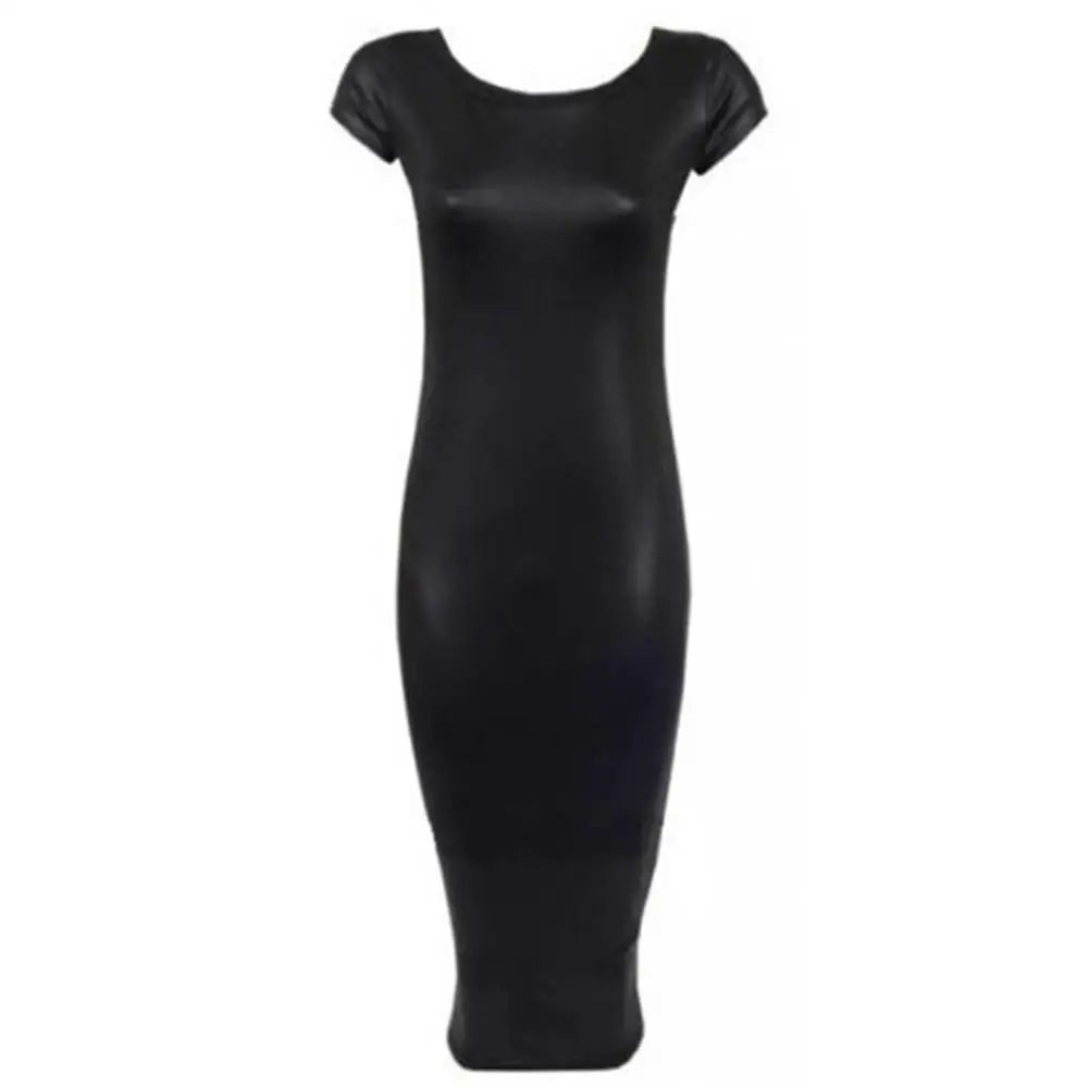 Women PU Leather Dress Short Sleeve Bodycon Midi Office Dress - GSINAS.com