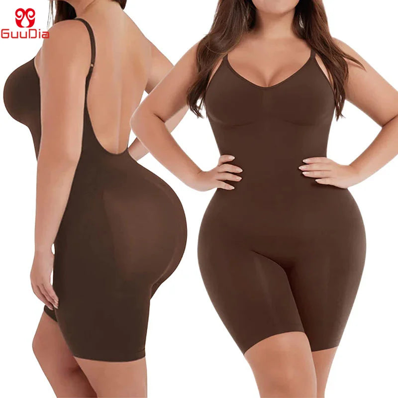 Low Back Seamless Body Shaper with Thigh Slimming and Backless Design.