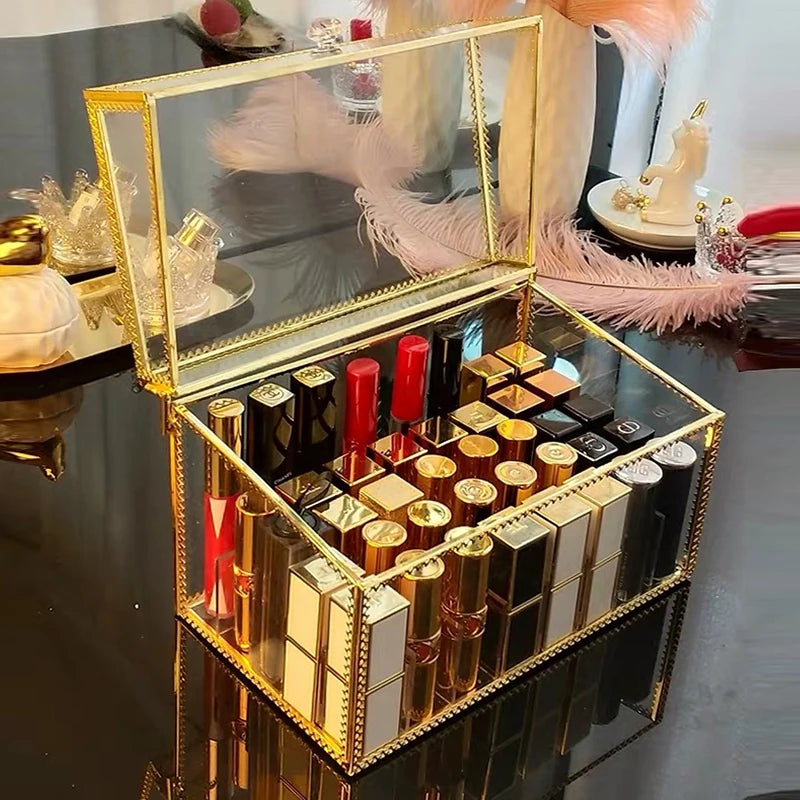 Women Golden Makeup Organizer Storage Box Glass Cosmetic Container Case