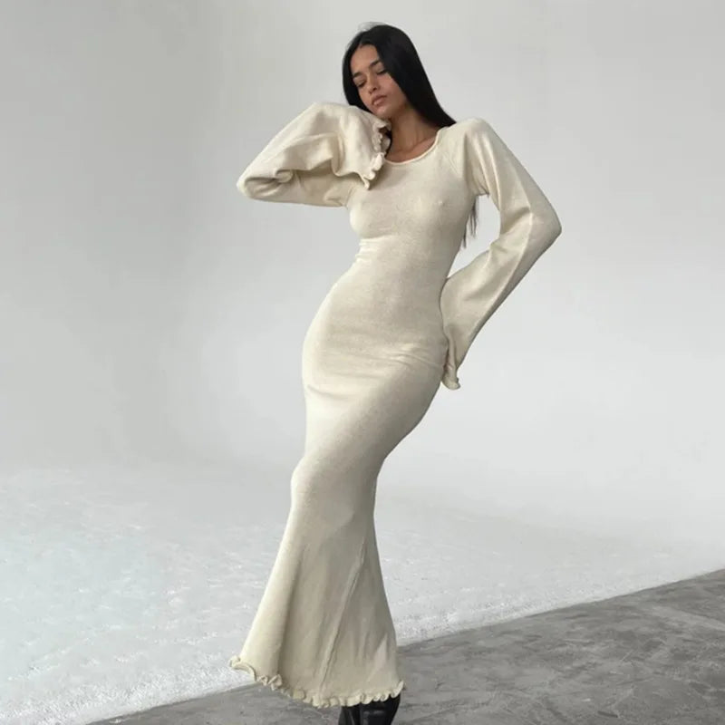 Knitted Open Back Flared Long Sleeve Maxi Dress Elegant - GSINAS.com