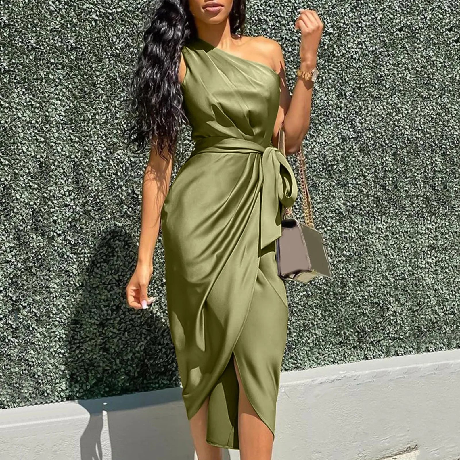 Summer Dresses Women Green Sexy One Shoulder Satin Asymmetrical Ruched Midi Evening Party Prom Dress Gown Bandage Plus Size Robe - GSINAS.com