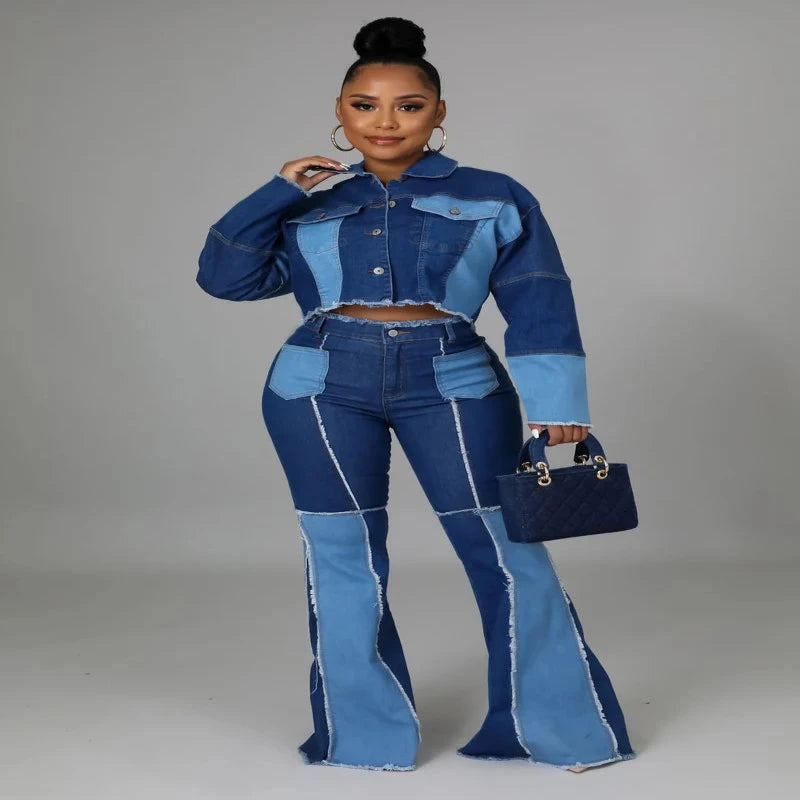 Denim Patchwork Vintage Short Jacket Two Piece Set