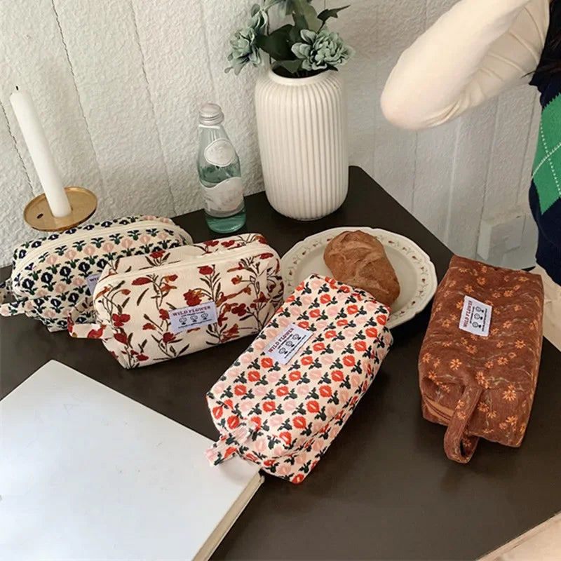 Women's Cosmetic Bag Corduroy Flower Lipsticks Makeup Bag Korean Student Pencil Case Travel Makeup Brushes Bag Neceser Organizer - GSINAS.com