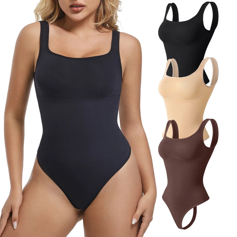 Tummy Control Shapewear Bodysuit - Seamless Square Neck Thong Bodysuit for Corset Body Sculpting.