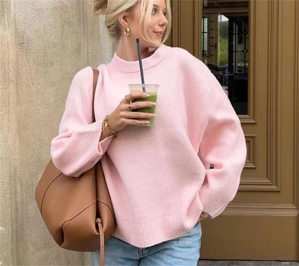 2024 fall winter Solid Sweater for Women Autumn Loose O-neck Warm Tops Female Elegant Long Sleeve Knitted Jumpers pink girls