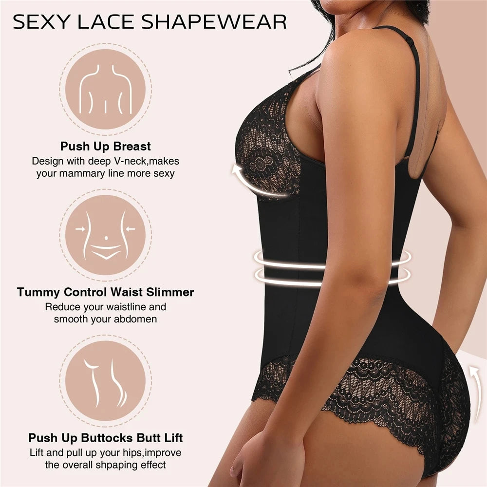 Lace Tummy Control Shapewear Bodysuit - Fajas Colombianas Backless V Neck Tank Top for Slimming Underwear. - GSINAS.com