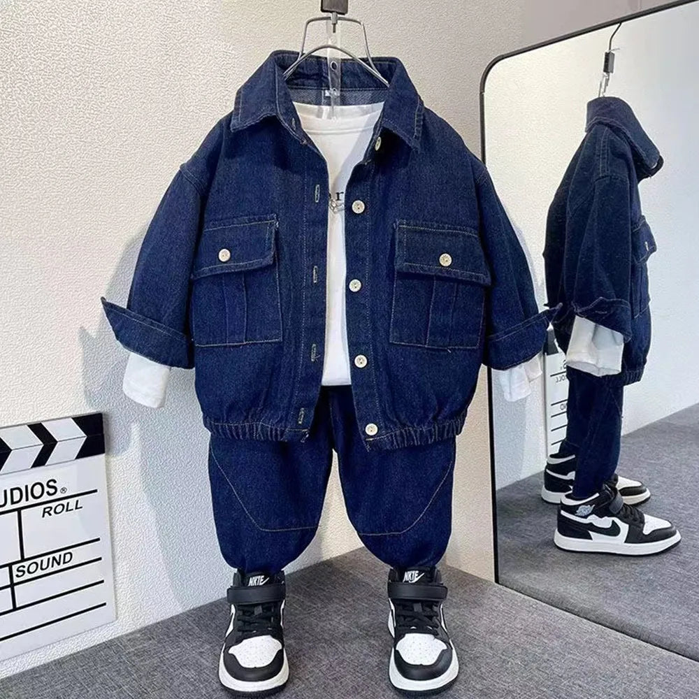 Spring And Autumn Casual Boys' Suit Fashion New Korean Boys's Denim Suit Two Sets Of Autumn Boys Girls Clothes Sets 2-10 Yea - GSINAS.com