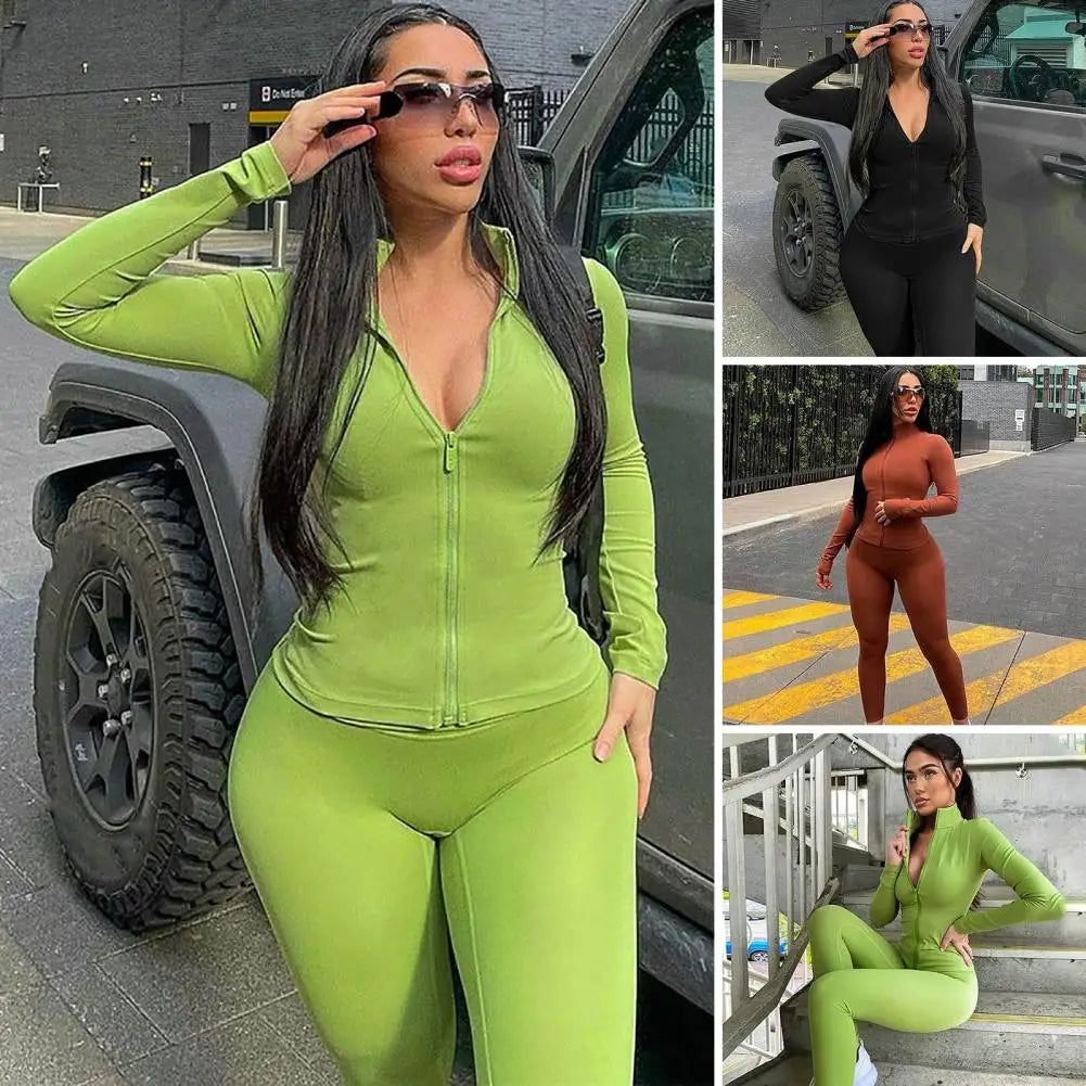 Two Piece Set Women Yoga Skinny Zipper Long Sleeves Warm Tops + High Waist Slim Pants Breeches Female Fitness Suit Ropa Mujer - GSINAS.com