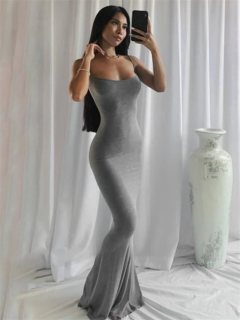 wsevypo Spaghetti Strap Bodycon Long Dress Summer 2022 Women Sleeveless Wrapped Fish Tail Dress Solid Color Club Streetwear - GSINAS.com