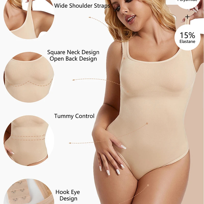 Tummy Control Shapewear Bodysuit - Seamless Square Neck Thong Bodysuit for Corset Body Sculpting. - GSINAS.com