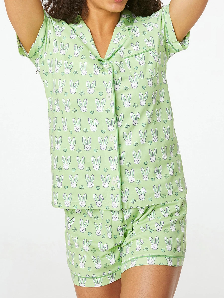 Women Cute Roller Rabbit Pajamas Y2k Monkey Preppy Print 2 Piece Pajamas Set Short Sleeve Shirts Pj Shorts Set Loungewear