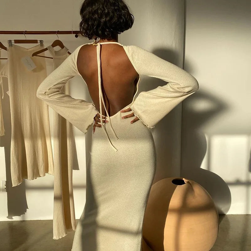 Knitted Open Back Flared Long Sleeve Maxi Dress Elegant - GSINAS.com