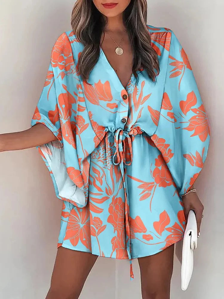 V-neck Flared Sleeve Cover Up For Woman Navy Loose Lace Up Holiday Beach 2024 Summer  Dress Beachwear Vestidos Verano Moda 2024