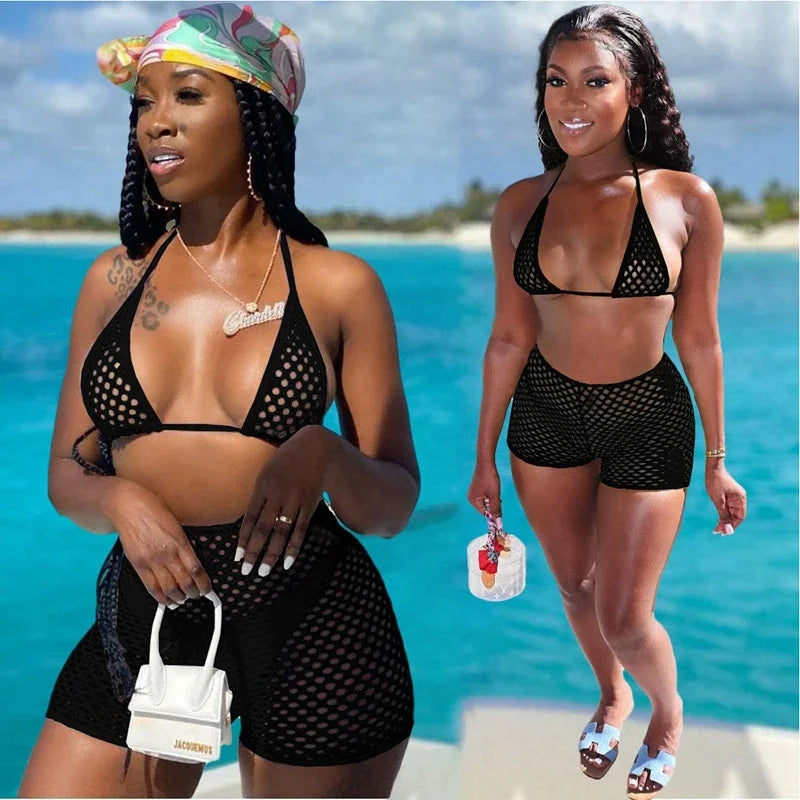 Fishnet 3 Piece Bikini Set - Halter Top & High Waist Shorts for Women's Swimwear. - GSINAS.com