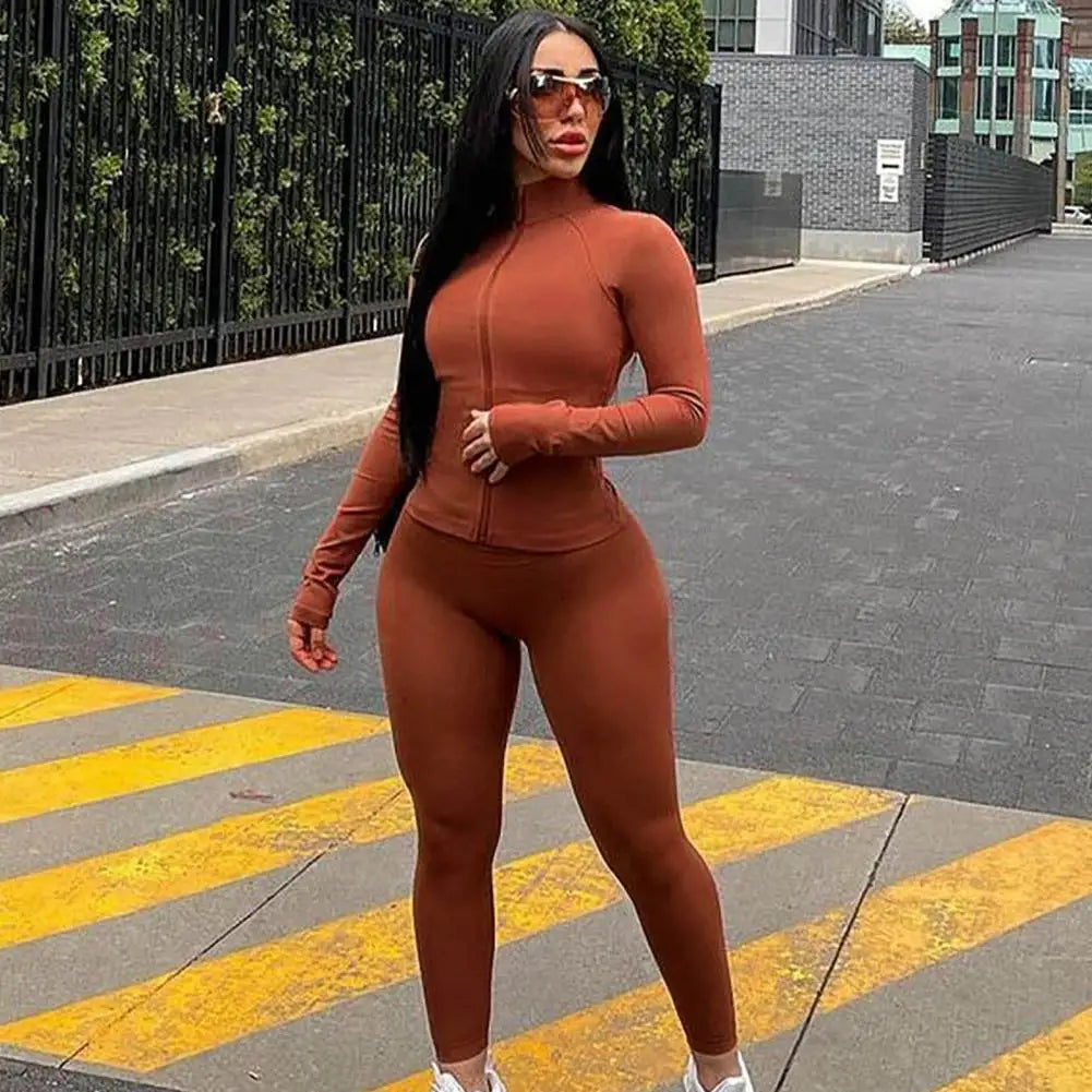 Two Piece Set Women Yoga Skinny Zipper Long Sleeves Warm Tops + High Waist Slim Pants Breeches Female Fitness Suit Ropa Mujer - GSINAS.com